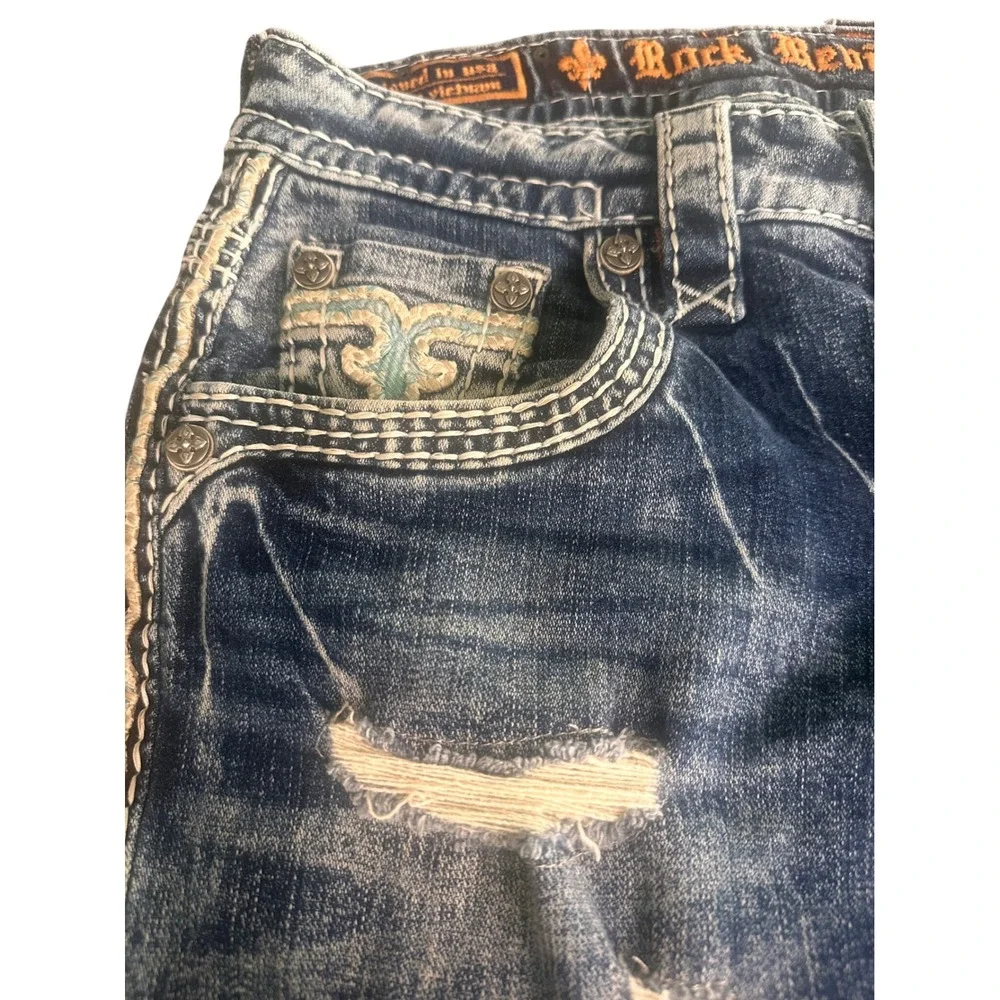 Rock Revival Ledford Straight Leg Distressed Jeans Mens 29 Blue Fleur De Lis